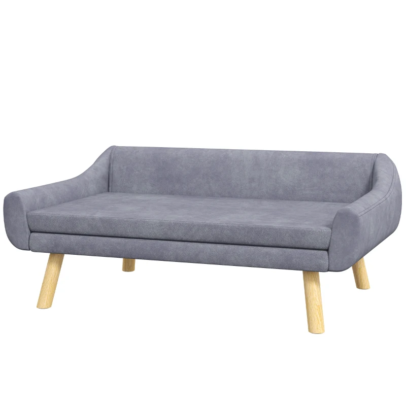 PawHut Sofá para Cães e Gatos Escandinavo com Almofada Removível Veludo e Pés em Madeira 102x58,5x42,5 cm Cinza