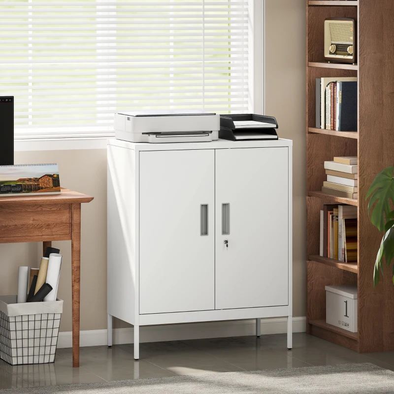 HOMCOM Armadietto da Ufficio in Acciaio a 2 Ripiani Regolabili con Serratura e 2 Chiavi, 80x40x100 cm, Bianco