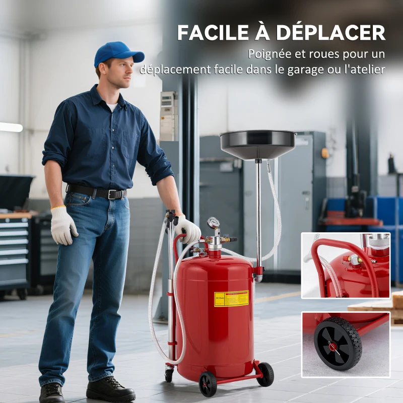 HOMCOM Recuperador de Óleo Usado 80 L Altura Ajustável 101-141 cm Carrinho com Rodas e Alça Vermelho
