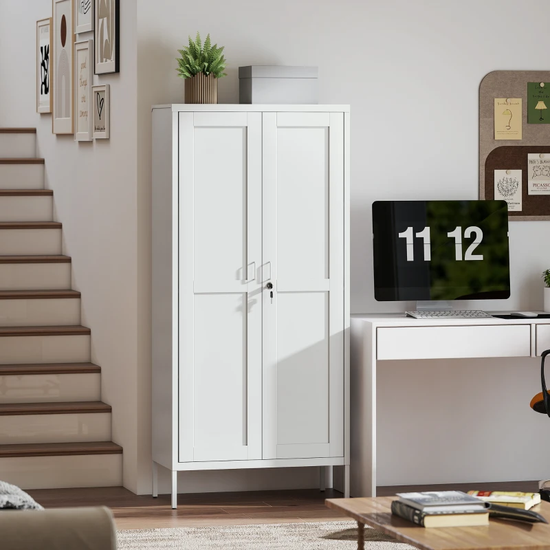 HOMCOM Dulap pentru Birou în Oțel cu 3 Rafturi Reglabile cu Serratură și 2 Chei, 80x40x175 cm, Alb