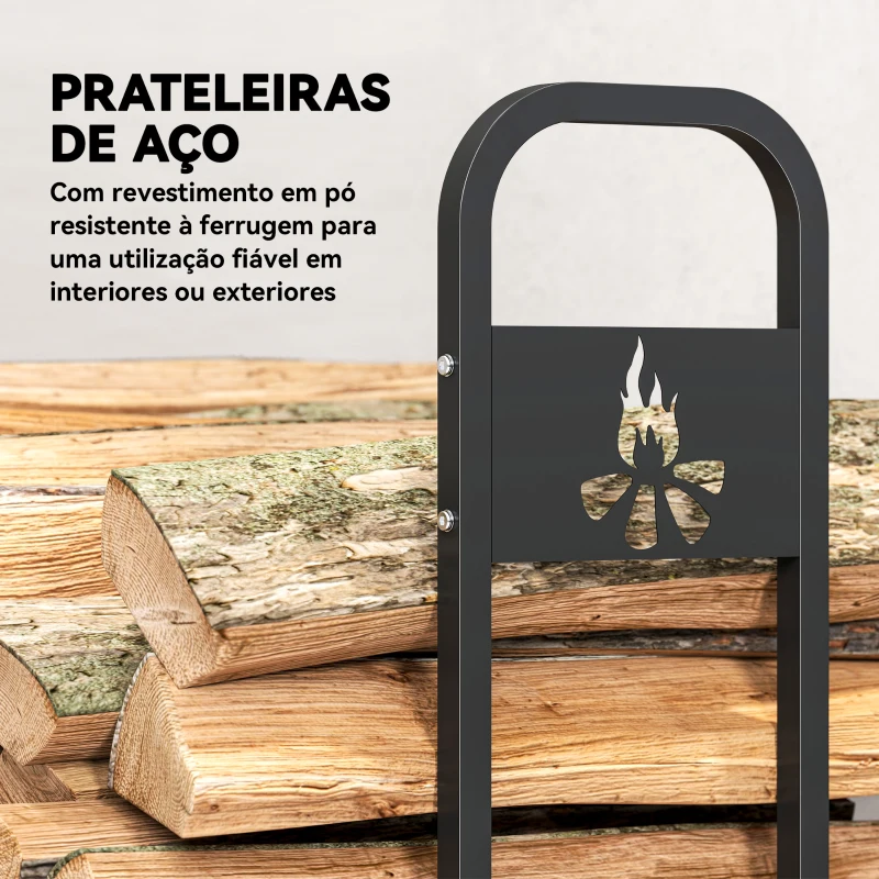 Outsunny Suporte Metálico para Lenha 199x30x121 cm Suporte para Lenha de Exterior com Estrutura de Aço Pés Extra Preto