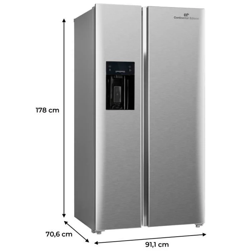 Réfrigérateur américain - CONTINENTAL EDISON - CERANF556IX1 - Distributeur eau / glaçons - Classe E - 91,1 x 70,6 x 178 cm - Silver