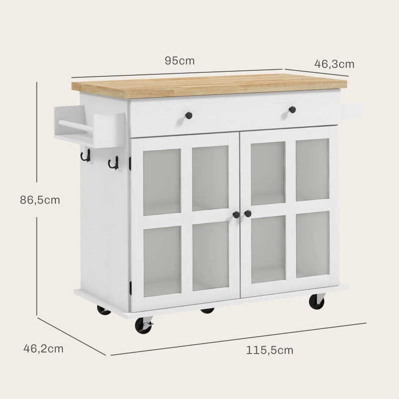 HOMCOM Carrinho Ilha de Cozinha Tampo 95x46 cm Gaveta 2 Armários com Vidro Porta-Temperos Branco