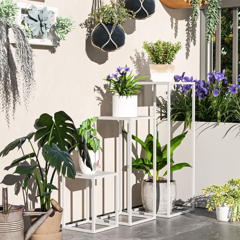 Outsunny Conjunto 3 Suportes Quadrados para Plantas em Metal Empilháveis Branco