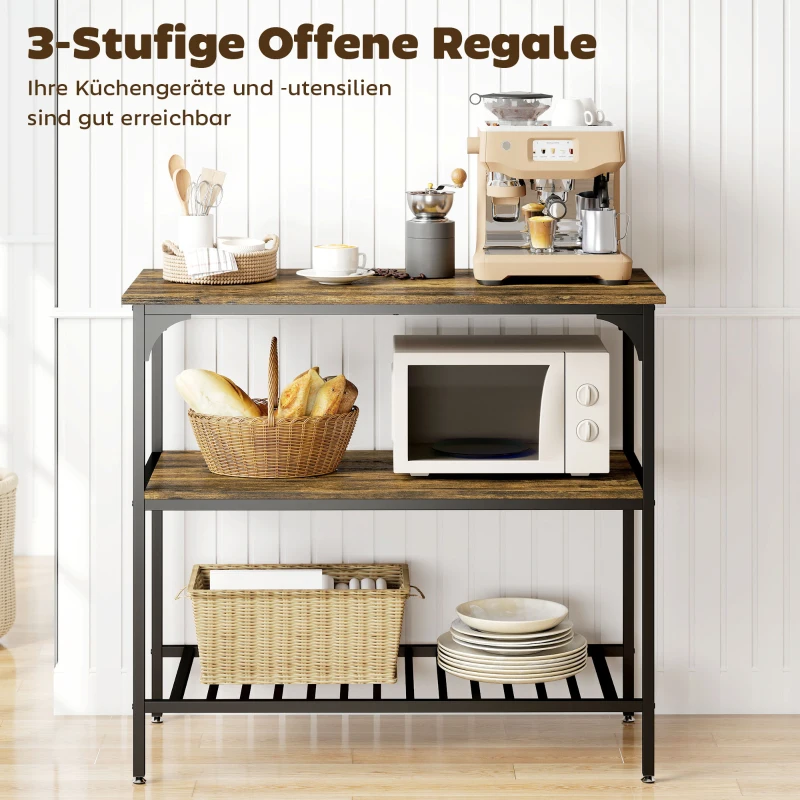 HOMCOM Bäckerregal, 3-stufiges Küchenregal mit Stahlrahmen, Rustikales Braun+Schwarz