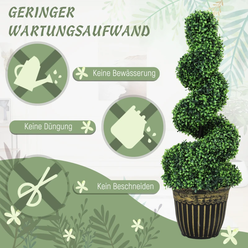 HOMCOM Spiralförmiger Buchsbaum, 2er Set Kunstpflanzen, mit Topf, 90 cm Höhe, Grün