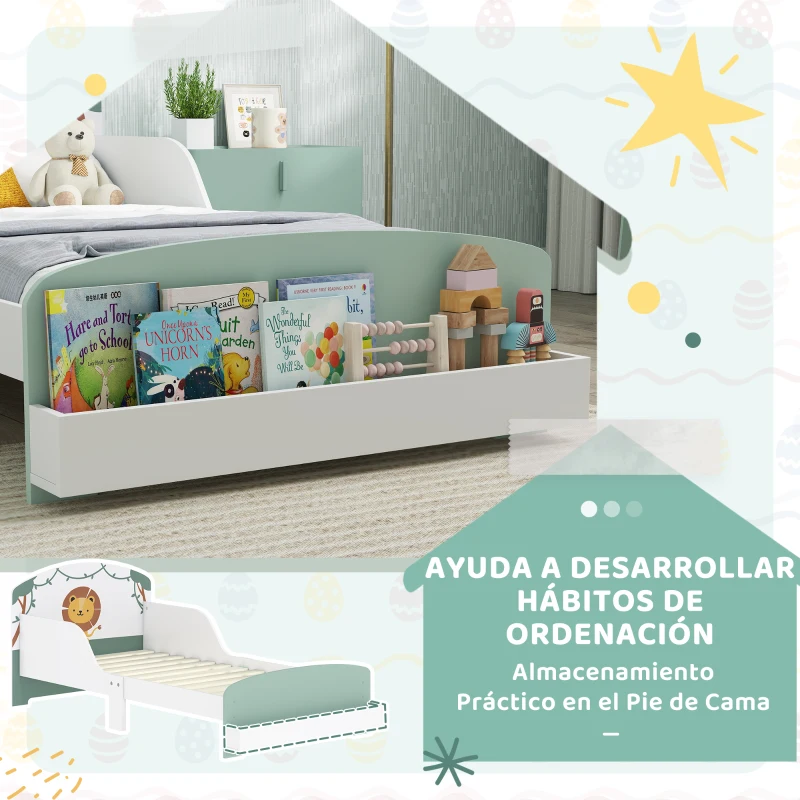 AIYAPLAY Cama infantil para Niños de +3 Años 70x140 cm de Madera con Almacenaje y Dibujo de León para Dormitorio Verde