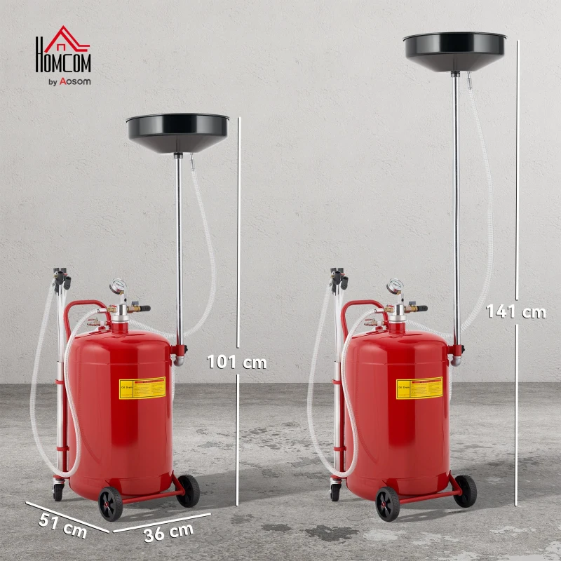 HOMCOM Recuperador de Óleo Usado 80 L Altura Ajustável 101-141 cm Carrinho com Rodas e Alça Vermelho
