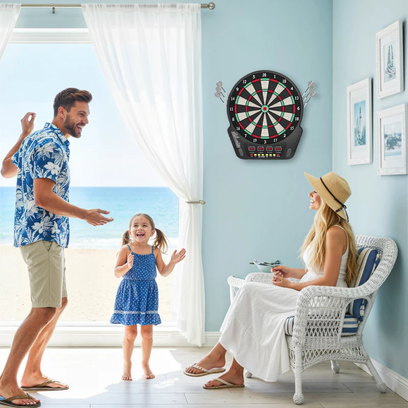 HOMCOM Elektronische Dartscheibe Dartboard Dart-set mit LED Anzeige mit automatischer Wertung Soundeffekte 6 Darts 24 Dartköpfe 27 Spiele und 243 Trefferoptionen für 16 Spieler 44 x 51,5 x 3,2 cm
