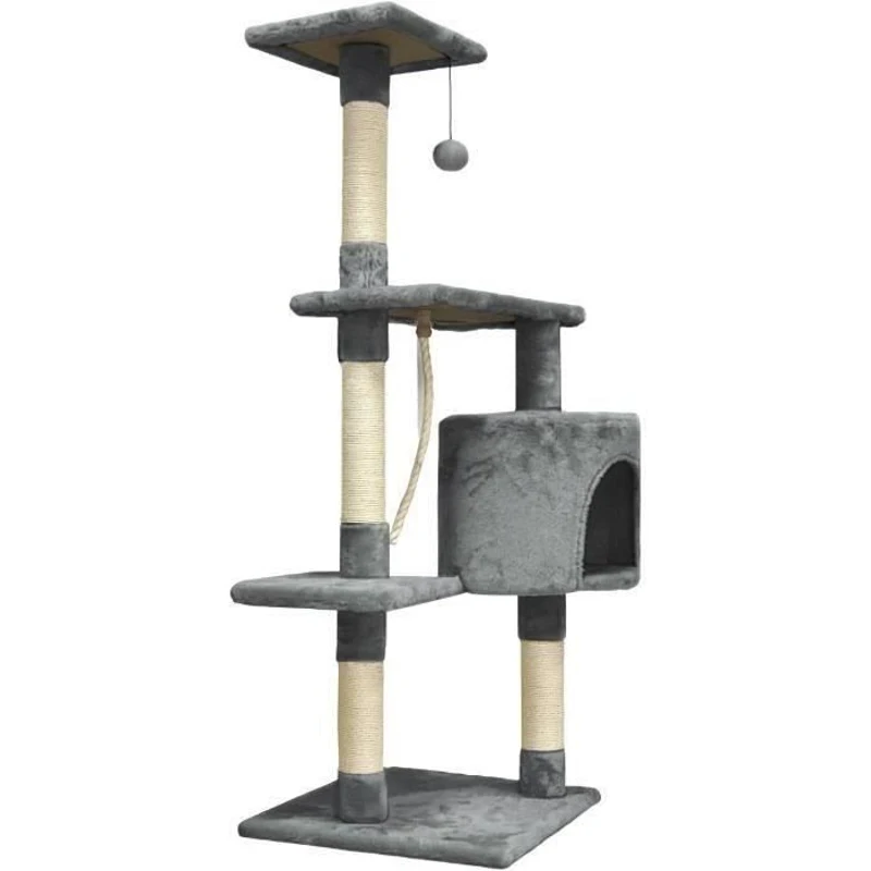 PALOMA Arbre a chat gris foncé 40 x 40 x 114cm -  3 plateformes, 1 corde, 1 niche , poteaux a griffer