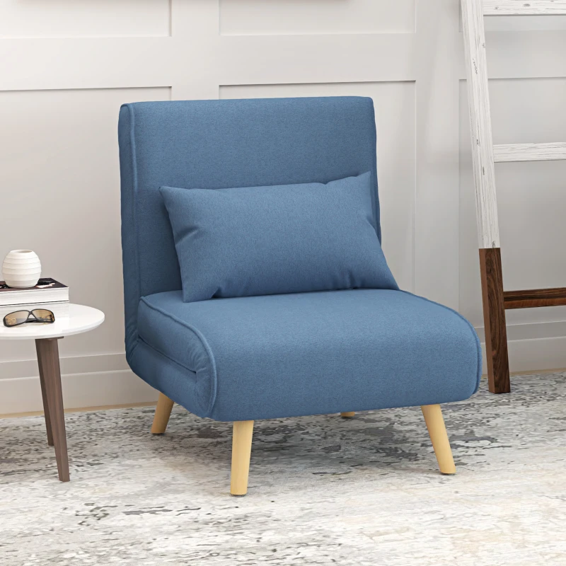 HOMCOM Poltrona Chaise Conversível 3 em 1 Cama Poltrona Cama 1 Lugar Encosto 5 Posições em Tecido com Almofada Azul