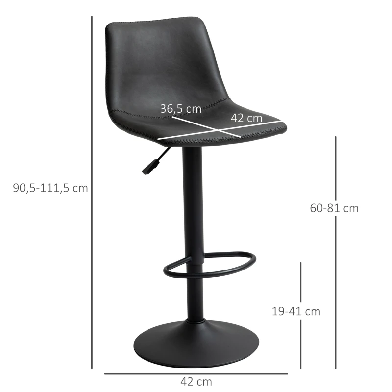 HOMCOM Conjunto de 2 Bancos de Bar Altura Do Assento Ajustável de 90-110 cm Giratórios a 360° 42x49x(90-110) cm Pu Preto