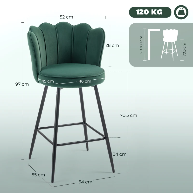 HOMCOM Conjunto de 2 Bancos de Bar com Encosto e Apoio para Os Pés 54x55x97 cm Verde Escuro