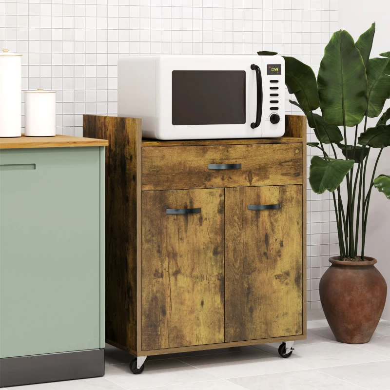 HOMCOM Carrinho de Cozinha com Rodízios Gaveta e Armário Efeito Mogno