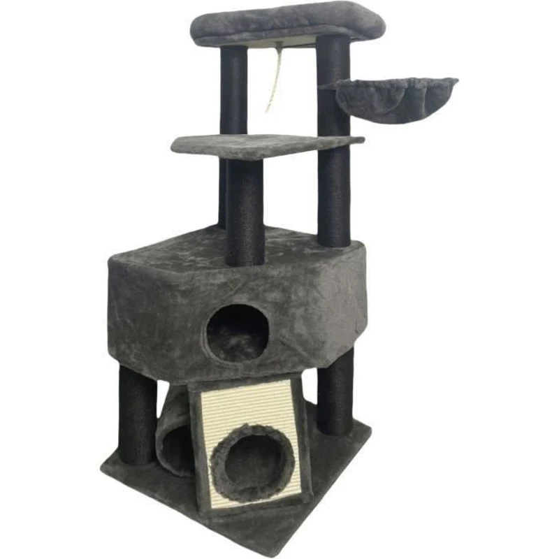GUILY Arbre a chat stable - Idéal chats taille moyens - 50 x 50 x 141 cm - Gris foncé - 2 plateformes, 1 perchoir, 1 cabane, 1 rampe