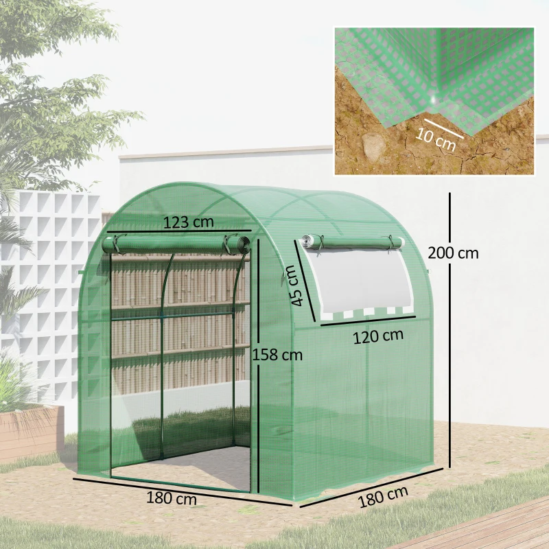 Outsunny Estufa de Jardim 180x180x200 cm Estufa Tipo Túnel Pequena com Porta Enrolável e Janela de Malha para Cultivar Plantas Flores Verde