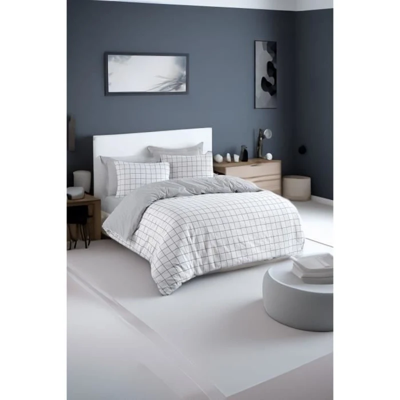 Parure de lit - 1 housse de couette 220 x 240 cm + 2 taies d'oreiller 60 x 60 cm - 65% coton, 35% polyester - Gris