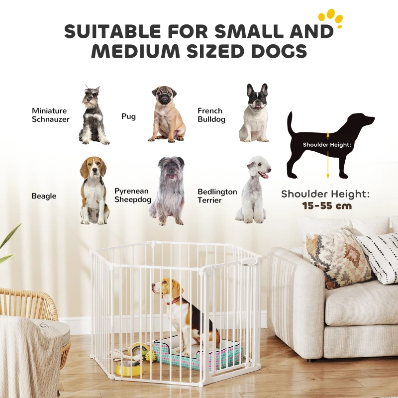 PawHut Cancelletto Pieghevole per Cani a 6 Pannelli, Porta con Chiusura Doppia, Bianco