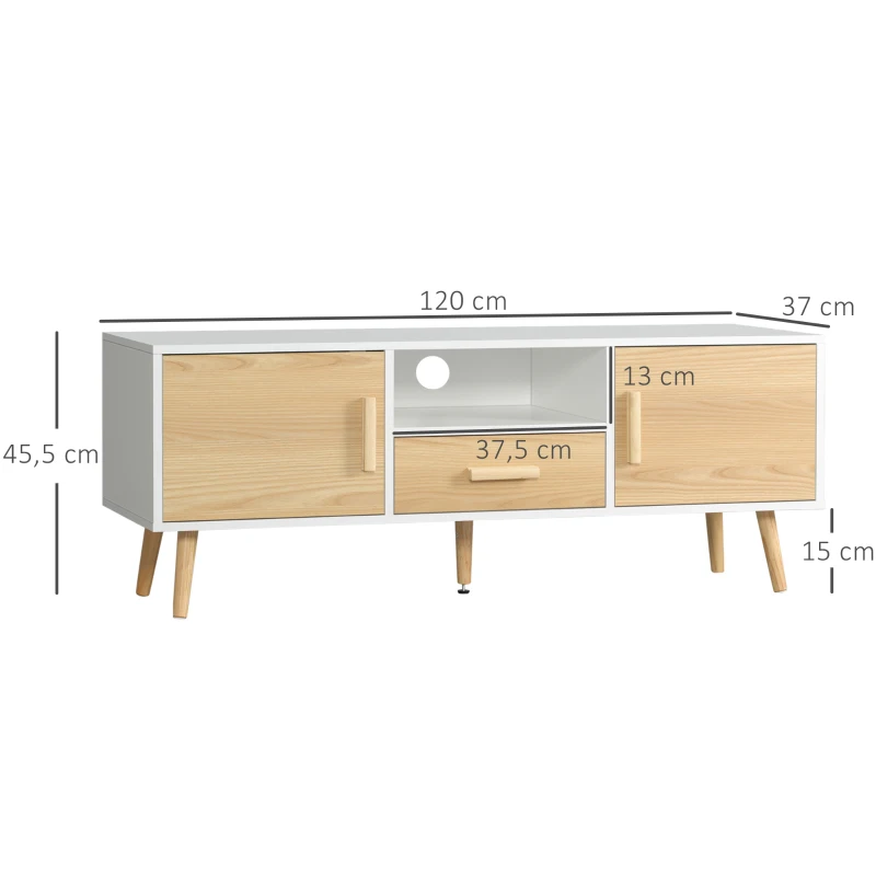 HOMCOM Móvel de TV Escandinavo 120 cm 1 Gaveta 2 Armários Até 46'' 120x37x45,5 cm
