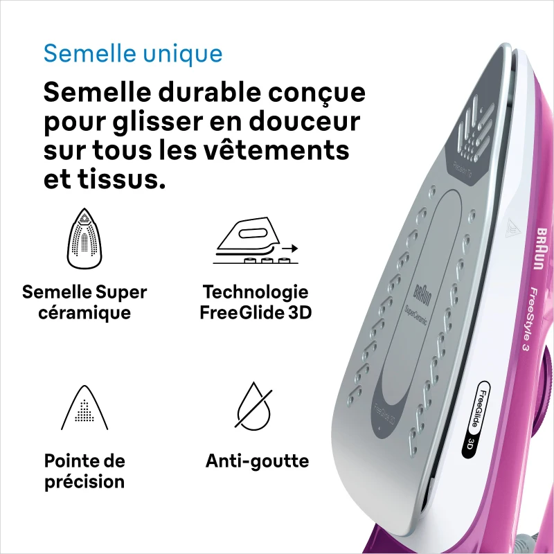 Fer vapeur - BRAUN - FI3124PU Freestyle 3 - Puissance 2400 W - Semelle SuperCéramic - Réservoir d'eau 270 ml - Auto-nettoyant