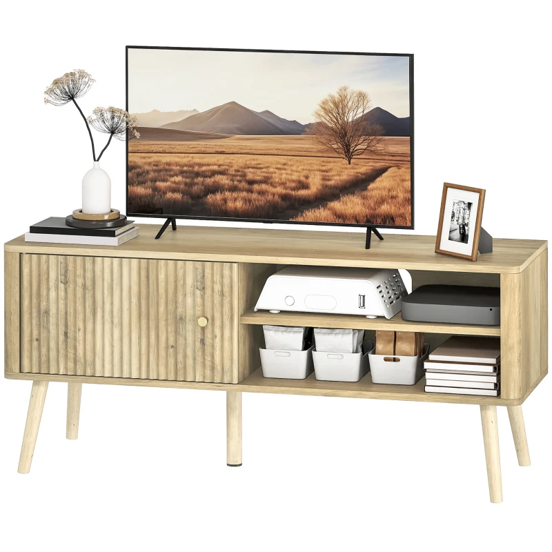 HOMCOM Meuble TV, meuble télé avec placard à porte, compartiments ouverts et étagère réglable, 115x35x49cm, chêne