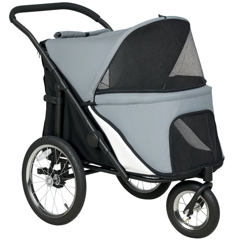 Pawhut Carrinho para Cães Dobrável com 3 Rodas Bolsa de Arrumação Almofada Macia e Trela de Segurança 101x64x93 cm Cinza