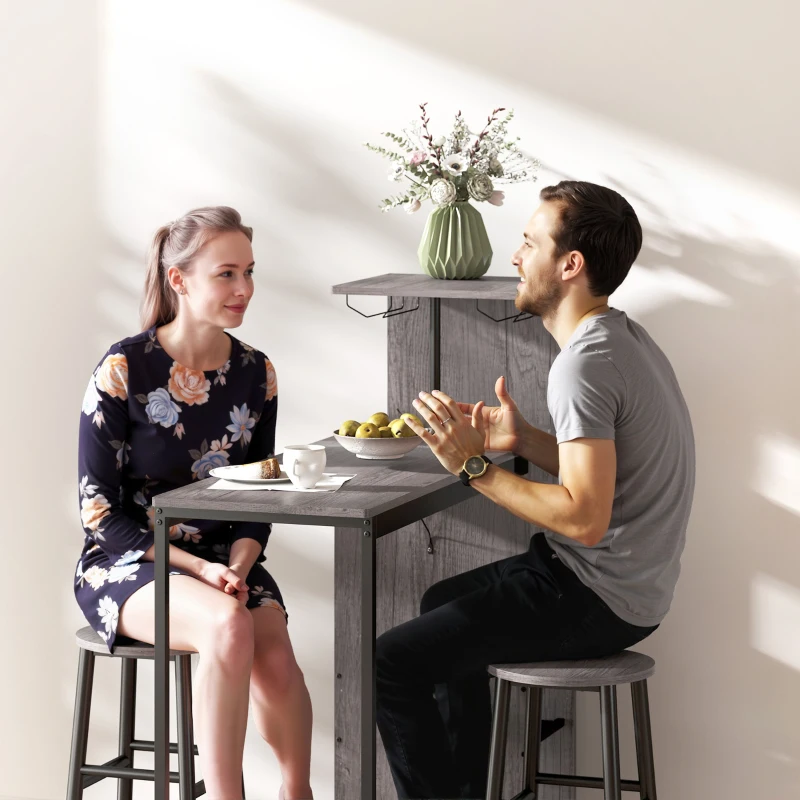 HOMCOM Conjunto Mesa de Bar 3 Peças com Bancos e Estantes Efeito Madeira Natural