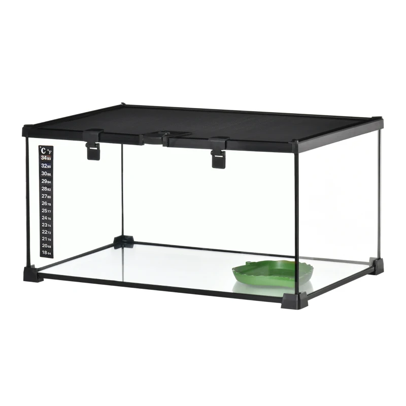 PawHut Terrário para Répteis com Tampa Deslizante Tela Metálica Termómetro Incluído Vidro Metal 50x30x25 cm Preto