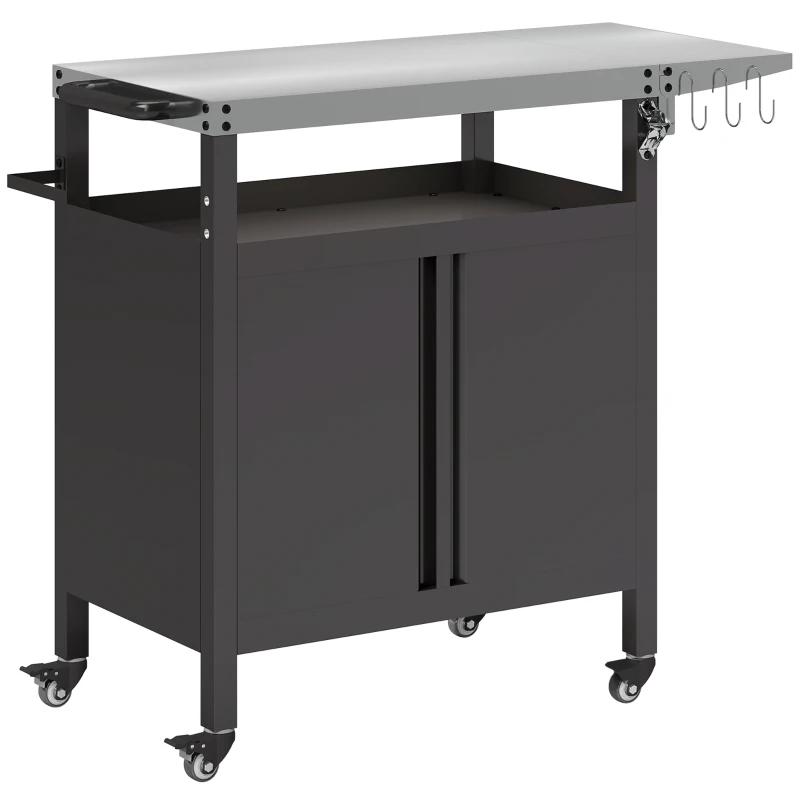 Outsunny Carrinho de Churrasco com Tampo em Aço Inoxidável Prateleira Dobrável e Ganchos 116x50x93 cm Preto
