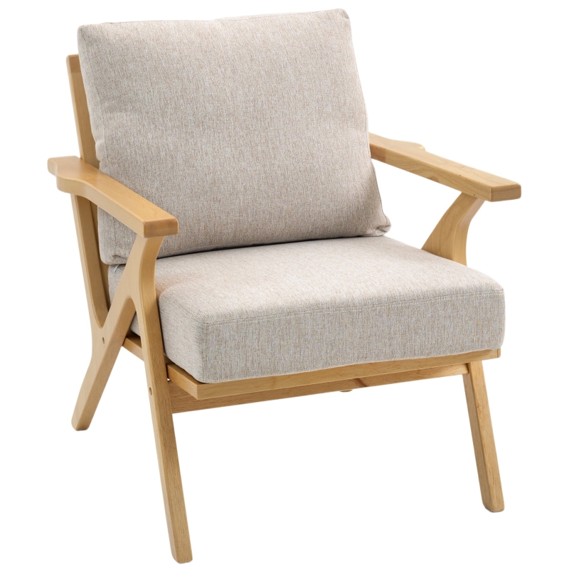 HOMCOM Scandinavian Linen-Look Armchair with Cushions & Rubberwood Legs, 76 x 87 x 88 cm (30 x 34 x 35 in), Beige