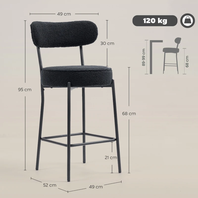 HOMCOM Conjunto de 2 Bancos de Bar com Encosto e Apoio para Os Pés Estilo Borreguito 49x52x95 cm Preto