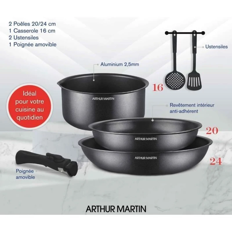 Batterie de cuisine - Tous feux dont induction - Arthur Martin - AM9582 - Aluminium - Anti-adhésif - 6 pieces - Poignée amovible