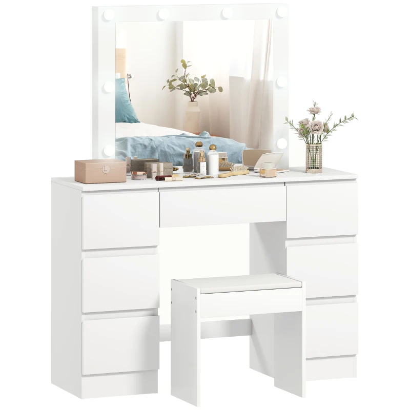 HOMCOM Penteadeira com Espelho e Banqueta Mesa de Maquilhagem com Espelho LED Banqueta Estofada 7 Gavetas 110x39,5x140cm Branco