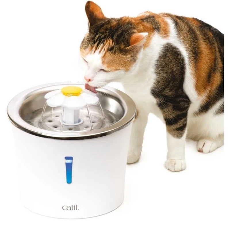 Fontaine a eau pour chat a fleur - CATIT - Flower - 3L - Dessus en acier inoxydable -  Avec LED - Blanc