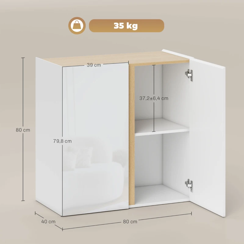 HOMCOM Aparador Alto Brilho 2 Portas com Fecho Suave e Prateleira Ajustável 80x40x80 cm Branco