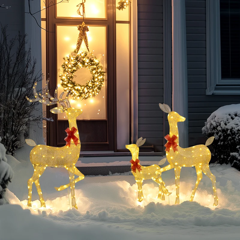 Outsunny 3 Renas Luminosas de Natal em Forma de Família de Renas Renas Luminosas de Natal em Aço 283 LED Branco Quente Ouro