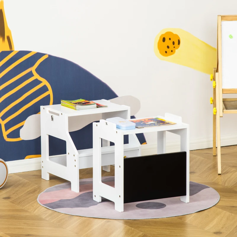 HOMCOM 3 en 1 tour d'observation enfant, tour d'apprentissage avec barreau, hauts rebords de sécurité et tableau noir, marches antidérapantes, learning tower, adapté aux enfants de 3 à 6 ans, blanc