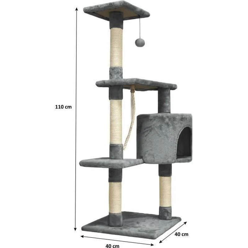 PALOMA Arbre a chat gris foncé 40 x 40 x 114cm -  3 plateformes, 1 corde, 1 niche , poteaux a griffer