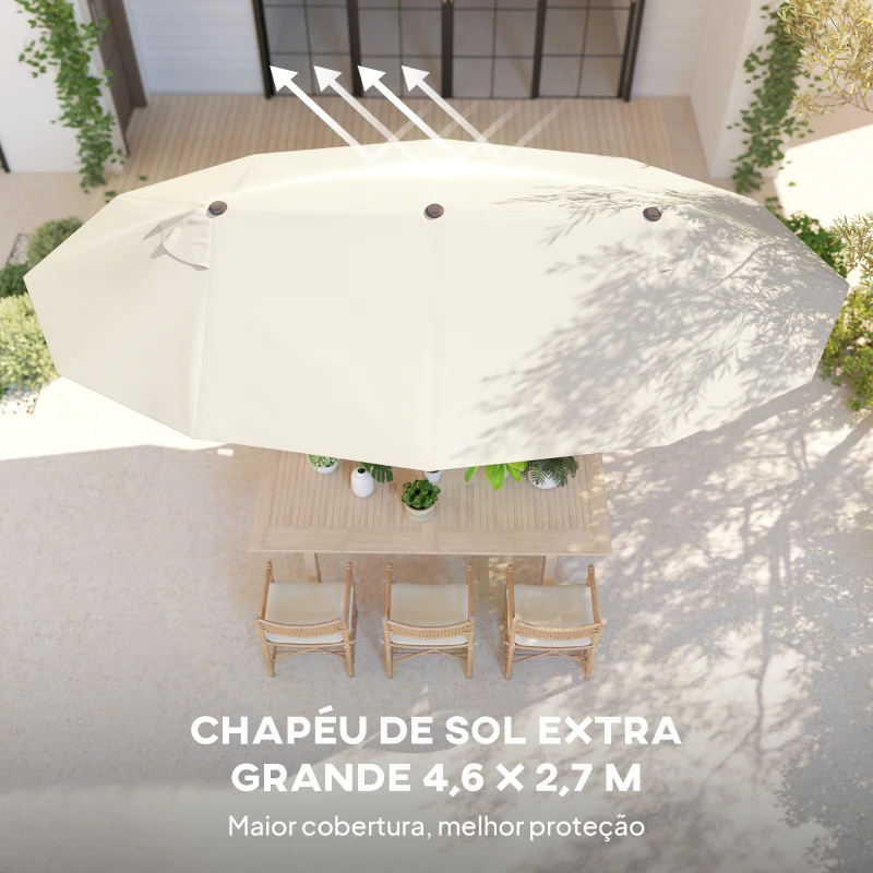 Outsunny Chapéu de Sol Duplo 4,55x2,65x2,38 m Chapéu de Sol de Jardim com Manivela Manual com Proteção Solar UV Creme