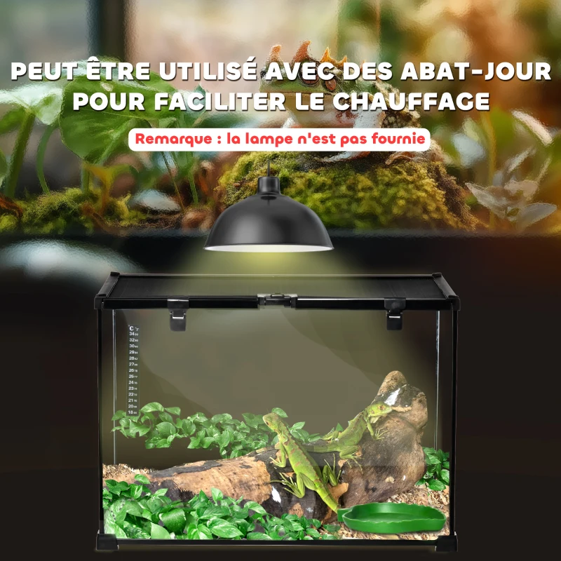 PawHut Terrário para Répteis com Tampa Deslizante Tela Metálica Termómetro Incluído Vidro Metal 50x30x35 cm Preto