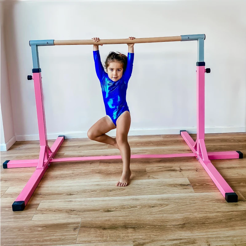 HOMCOM Barre fixe de gymnastique pour enfant, hauteur réglable 13 niveaux de 92-150 cm, acier et bois en hêtre, barre d'entrainement de gymnastique à domicile, antidérapant, facile à assembler, rose