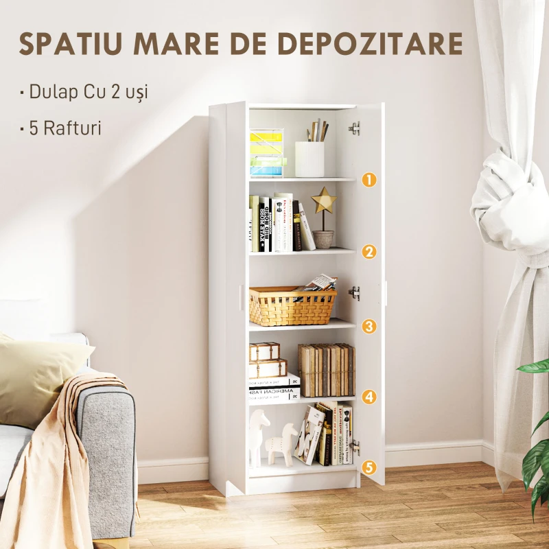 HOMCOM Dulap Multifuncțional cu Uși Batante, 5 Rafturi și 3 Niveluri Reglabile, 60x31,5x165 cm, Alb