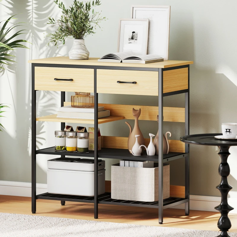 HOMCOM Sideboard, Kommode mit 2 Schubladen, 3 offenen Regalen Küchenschrankfür Küche, Wohnzimmer 90 x 40 x 91 cm, Naturholz