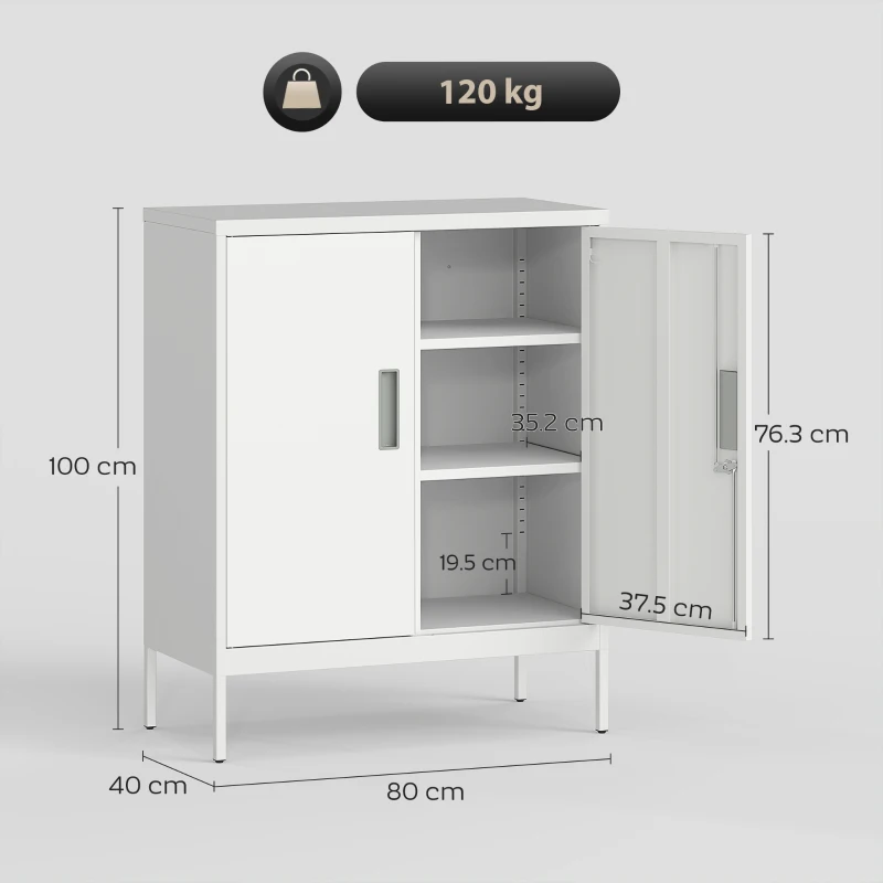 HOMCOM Armadietto da Ufficio in Acciaio a 2 Ripiani Regolabili con Serratura e 2 Chiavi, 80x40x100 cm, Bianco