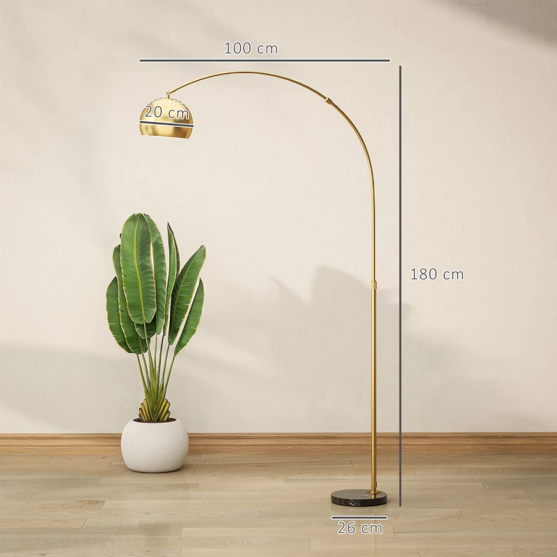 HOMCOM Lampada da Terra ad Arco con Base in Marmo, 180 cm, Nero e Oro