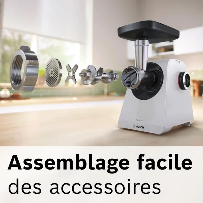 Hachoir a viande - BOSCH - MFWS420W Série 4 - Blanc - 500 W - moteur bloqué 1900 W - 2,5 kg/mn - 2 vitesses - 2 grilles de hachoir