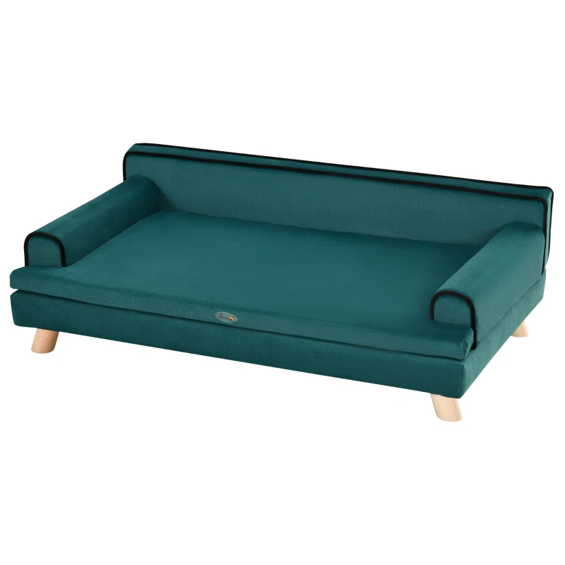 Pawhut Sofá para Cães e Gatos Escandinavo Almofada Macia Removível Pés em Madeira Maciça 100x62x32 cm Verde Azulado