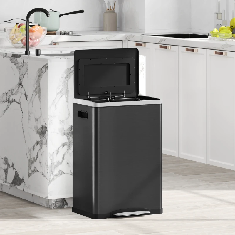 HOMCOM Balde de Lixo de Cozinha com 2 Compartimentos 2x20 L Pedal Tampa com Fecho Suave 40x34,8x59 cm Preto