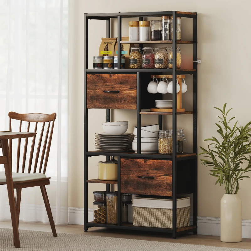 HOMCOM Freestanding Storage Shelf — 2 Fabric Drawers & 9 Open Compartments, Steel Frame, Rustic Brown/Black