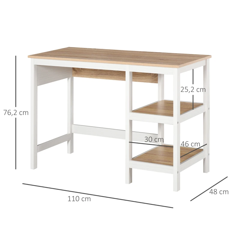 HOMCOM Secretária 2 em 1 com Prateleira de 2 Níveis 110x48x76 cm Cor Madeira e Branco